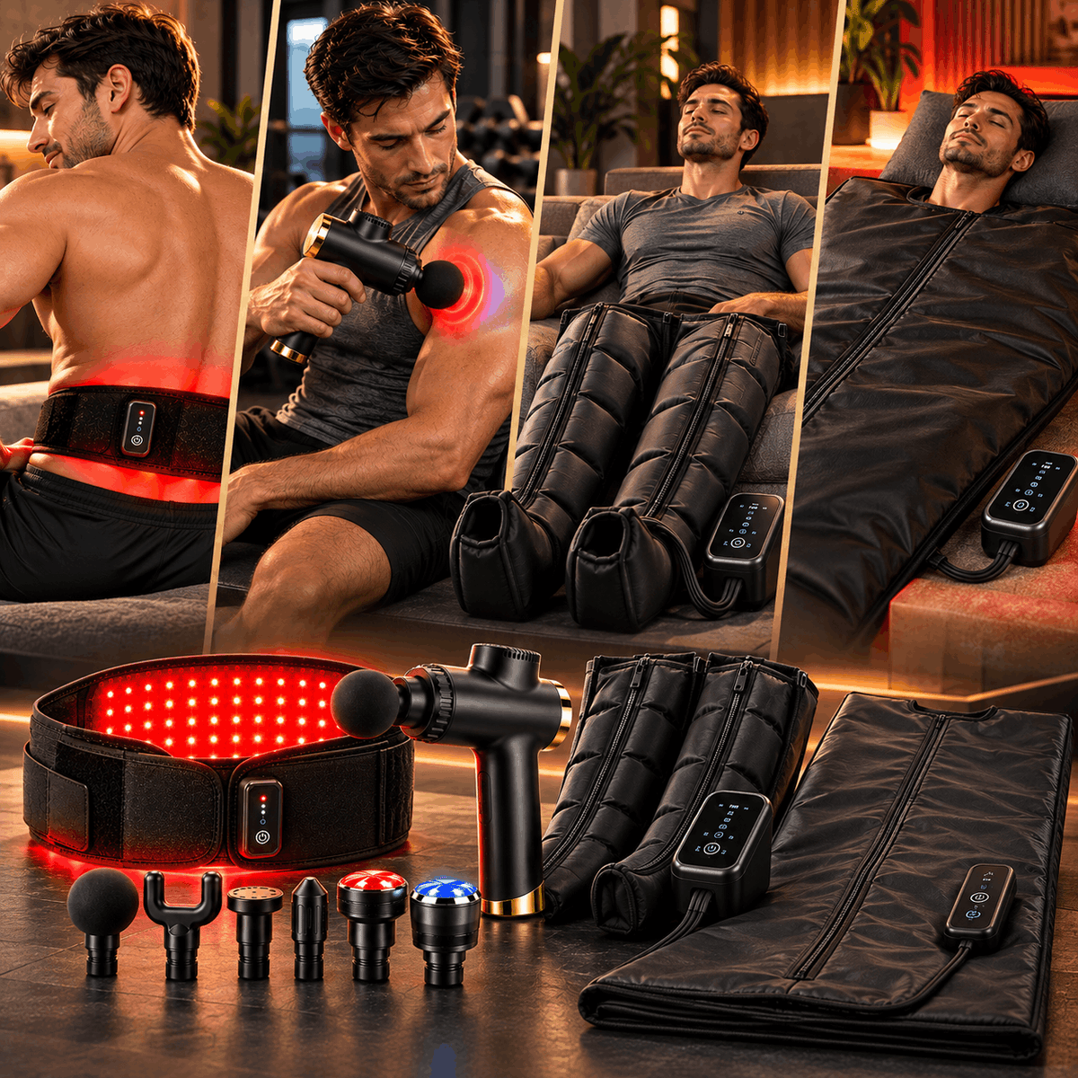 The Ultimate Recovery System | Red Light Therapy Belt + Air Compression Boots + Deep Tissue Massage Gun + Portable sauna Blanket
