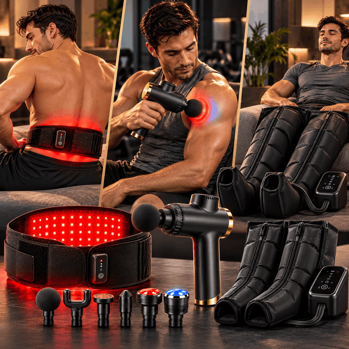 The Performance Recovery System | Red Light Therapy Belt + Air Compression Boots + Deep Tissue Massage Gun